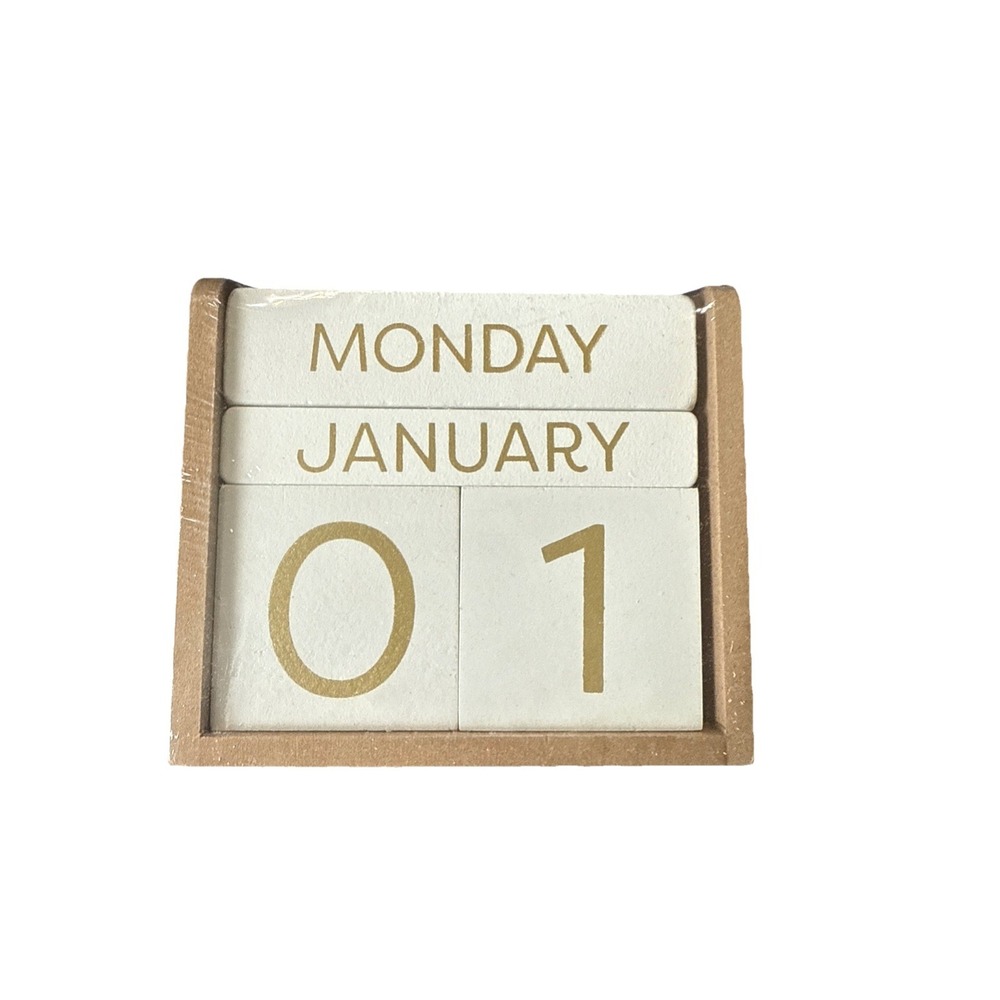 Perpetual Calendar Desktop Blocks Brown White‎ Gift New Year 4.5"x4"x2.25" New